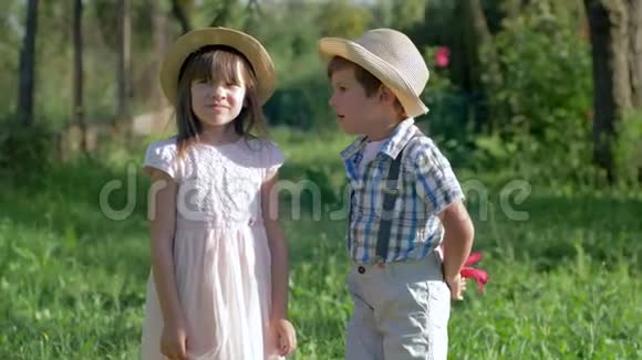 童年时孩子们在耳边低语着一个可爱的小女孩的秘密在夏天的公园里给她一朵花视频的预览图