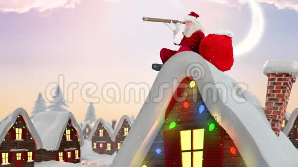 一栋装饰好的房子屋顶上的圣诞老人条款视频的预览图