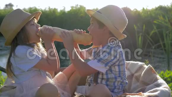孩子们在假期的午餐时间吃面包在阳光下坐在手推车里玩得开心视频的预览图