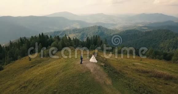 喀尔巴阡山上的新郎新娘空中视频视频的预览图