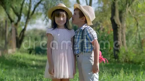 小男孩对女孩讲秘密在夏天的公园里把花背在背后视频的预览图