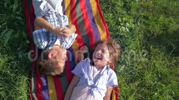 快乐的童年可爱的孩子们躺在格子布上绿色的草地上放着苹果在新鲜的空气玩得开心视频的预览图