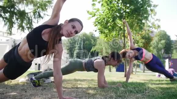 夏天年轻女子在公园的草地上做体育锻炼视频的预览图