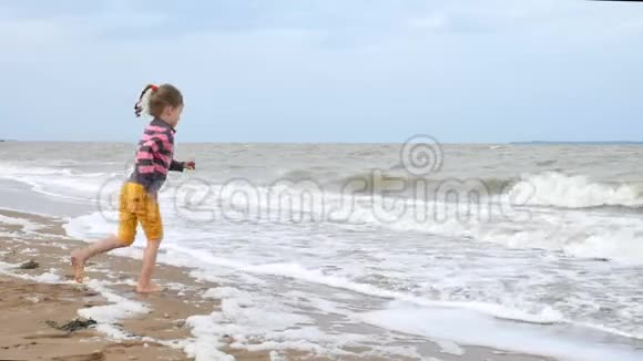 快乐活泼的女孩在水边的海滩上玩波浪海上的弱风强风暑假视频的预览图