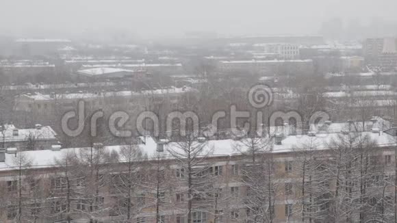 大雪纷飞的城市冬天大雪纷飞的城市景观和房屋被大雪笼罩视频的预览图