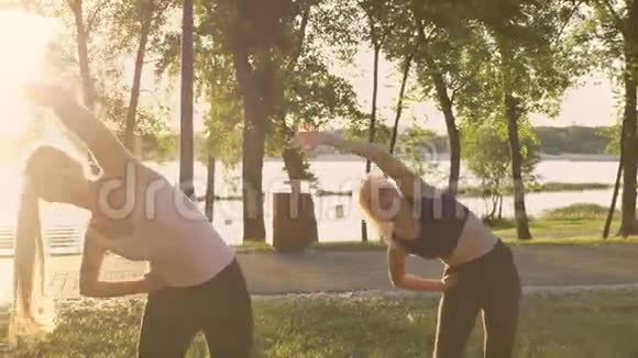 两位年轻迷人的女士扎着马尾辫在公园里锻炼减肥镜头耀斑美丽的景色背景视频的预览图