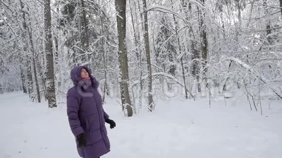 一位老妇人欣赏着覆盖着新雪的冬林美景视频的预览图