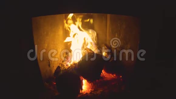 在壁炉里生火柴火在炉子里燃烧并开裂视频的预览图