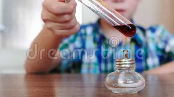 家庭化学实验特写男孩他的手在燃烧的酒精灯上用红色液体加热试管这就是视频的预览图