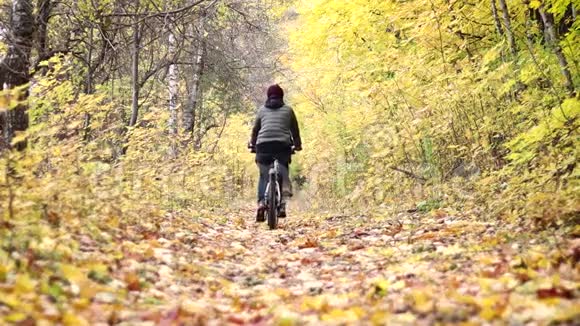 两个年轻的女人在秋天的森林里骑自行车视频的预览图