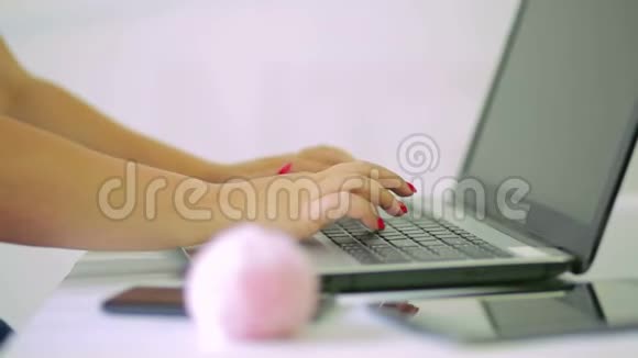 女性手印在笔记本电脑键盘上锐度从手慢慢转移到前景的毛皮球上视频的预览图
