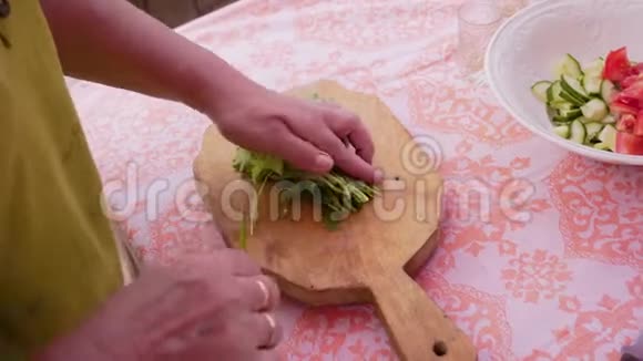 女人用刀子切菜在切板上做沙拉伟大的计划快关门视频的预览图