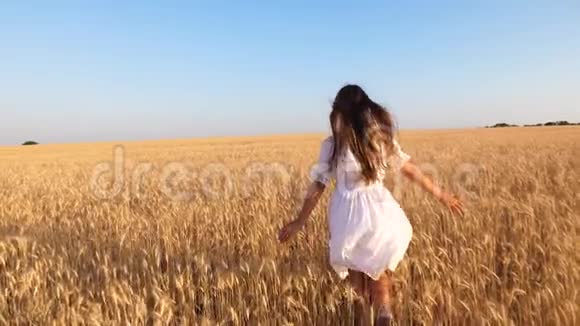 穿着白色裙子的快乐女孩跑着在一片成熟的小麦上微笑慢动作视频的预览图