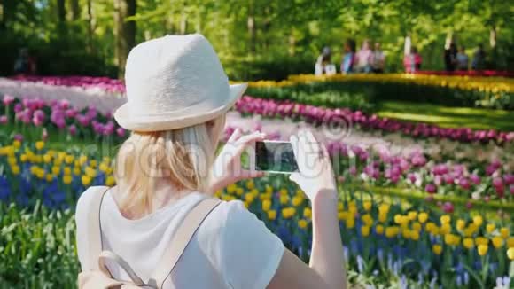 一位穿着浅色衣服的游客在荷兰的Keukenhau公园里拍摄花坛旅游业视频的预览图