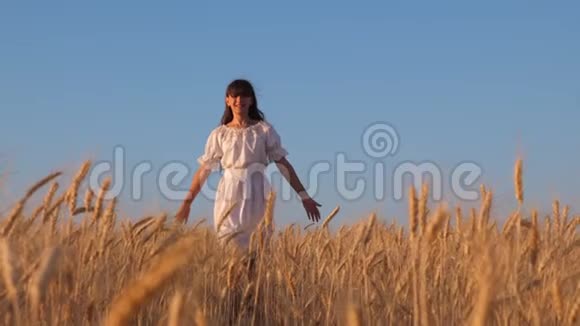在成熟的麦田里快乐的女孩穿着白色的裙子在蓝天的映衬下慢悠悠地跳舞视频的预览图