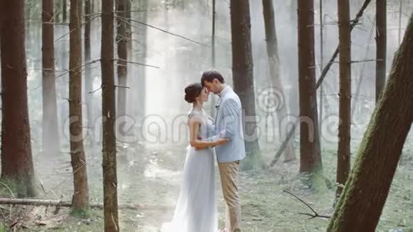 新婚夫妇新郎拥抱彼此抚摸站在森林雾中背景婚礼视频的预览图