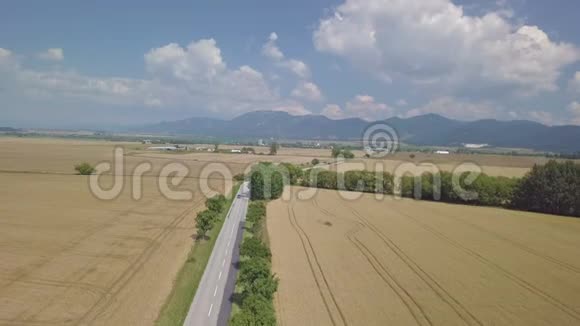 夏季农村麦田路上蓝车的鸟瞰图视频的预览图