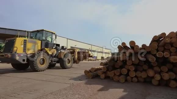 黄色推土机运送原木带原木的斗牛士视频的预览图