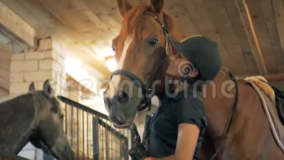 女人和她的马说话靠近运动员在比赛前在马厩里和马说话视频的预览图