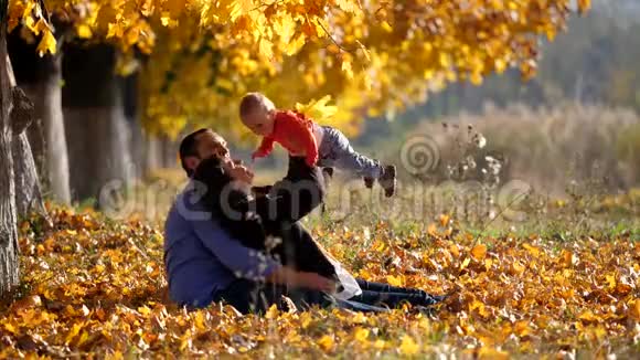 秋园小家庭写真父母陪宝宝玩耍阳光明媚视频的预览图