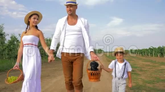 幸福的乡村家庭在大自然中母亲父亲孩子和小狗一起在乡间小路上挎着篮子视频的预览图