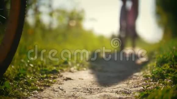 骑自行车的人的腿阳光明媚的一天两个年轻女孩在绿色森林的小路上经过视频的预览图