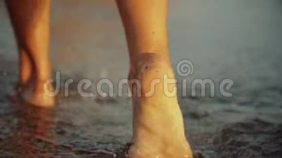 女孩踩着潮湿的海岸线沙日落时年轻女子沿着海边的腿年轻女子沿着w走视频的预览图