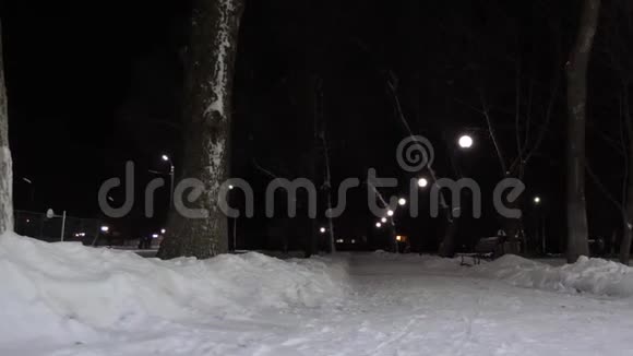 路灯的背景下慢慢地雪花飘落夜晚公园的小巷被雪覆盖白雪皑皑视频的预览图
