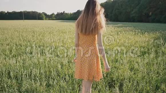 一个美丽的年轻女孩穿着黄色的夏装长发沿着森林边缘的一片绿色的田野奔跑享受享受乐趣视频的预览图