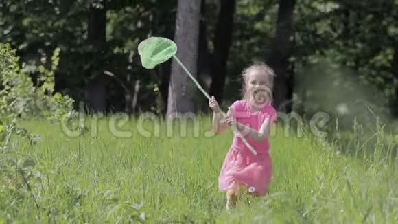 一个蝴蝶网在林间空地上奔跑的孩子视频的预览图