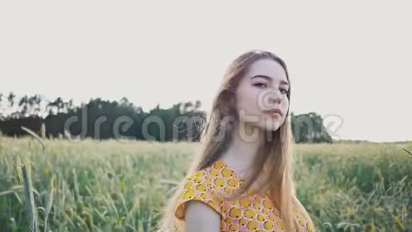 一个美丽浪漫的女孩独自走过一片绿色的麦田抚摸着麦穗她纠正长发视频的预览图