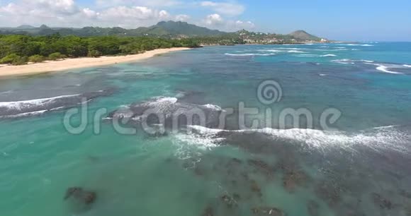 飞越美丽的海浪到异国情调的海岸线与房屋和棕榈4k顶部视图视频的预览图