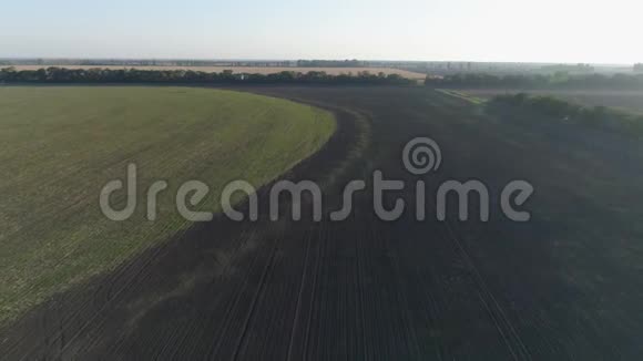 农场双翼飞机用小麦飞越田野在鸟瞰复古景色中喷洒化学物质对付害虫视频的预览图
