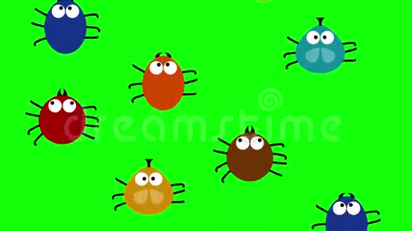 有趣的彩色昆虫爬上绿色屏幕2d动画卡通循环视频的预览图