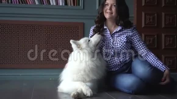 穿格子衬衫的布鲁内特女士正和一只宠物狗坐在地板上视频的预览图