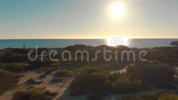 在阳光明媚的日子里用绿色灌木沙滩和小建筑在蓝天的衬托下俯瞰海岸线艺术视频的预览图