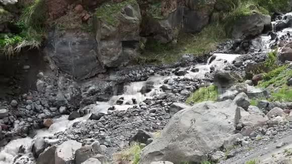 夏天阿尔卑斯山的山溪自上而下向前移动瀑布森林里的清水视频的预览图