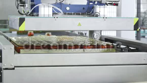 保存西红柿和黄瓜把装有西红柿和黄瓜的玻璃瓶放在工厂的仓库里视频的预览图