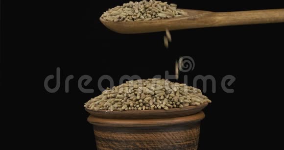 黑麦粒从一个木勺上得到足够的睡眠在一堆种子在一个粘土碗视频的预览图