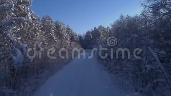 森林中冬季道路的航拍照片车辆交通直升机飞行视频的预览图