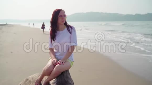 放松的女人坐在原木上看着远处女游客休息在沙滩附近的波浪海视频的预览图