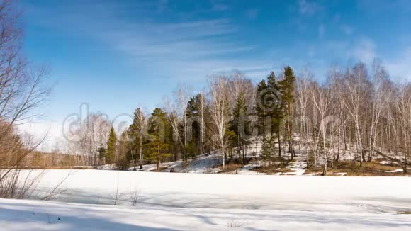 冬天的景色和冰冻湖上的森林视频的预览图