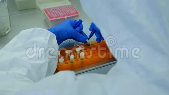病毒学家研究人员用一种带有疫苗的标记来标记小瓶并在实验室中研究病毒的治疗方法视频的预览图