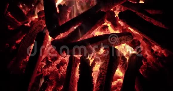 关闭大火的慢速视频晚上用木柴晚上燃烧的篝火火花火焰视频的预览图