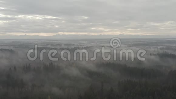 在一片雾蒙蒙的森林上的山景由一架无人机拍摄被定义为日出在秋天开始醒来视频的预览图