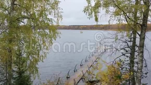 在桦树枝之间飞行湖上有长长的码头湖上有露台秋天有博罗耶湖湖上有船视频的预览图