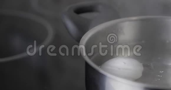 在沸水中用不锈钢锅煮一只白鸡蛋健康的天然蛋白质早餐烹饪鸡蛋视频的预览图