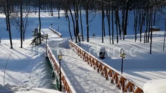公园内美丽的冬季景观冰冻池塘和桥视频的预览图