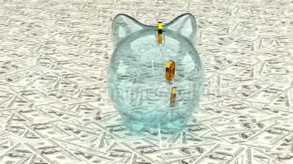 在纸币的背景下金色的美元符号落入玻璃储蓄罐3D动动画视频的预览图