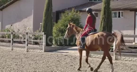 穿着粉红色衣服和头盔的白人女孩骑着棕色的马在畜栏里年轻女子的马术训练视频的预览图